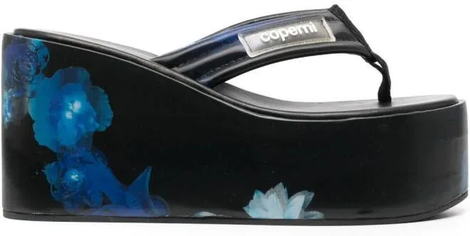 Coperni floral-print holographic wedge sandals Blue