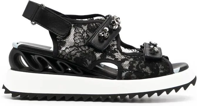 Le Silla lace-embroidered crystal-detail sandals Black