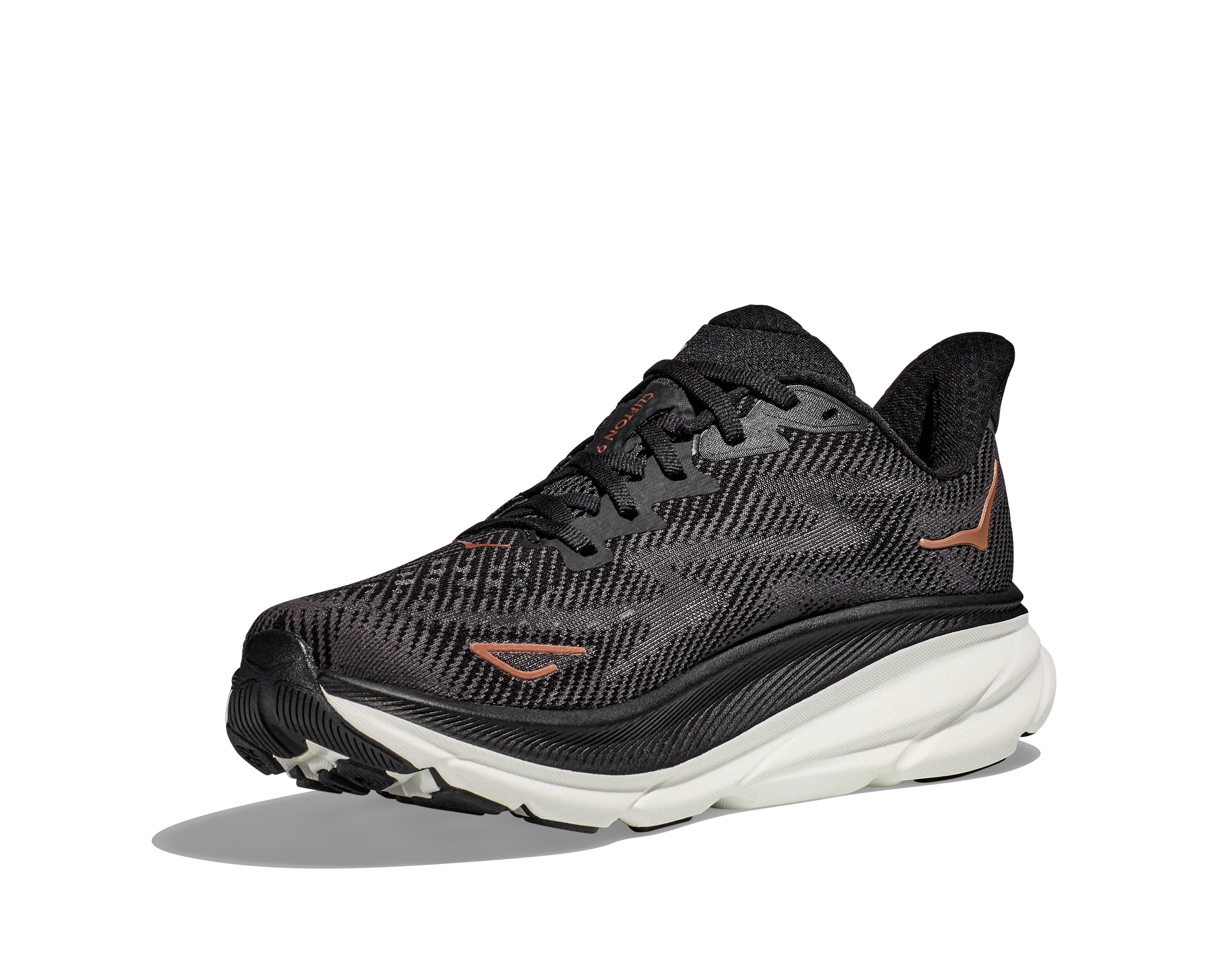 Women's Hoka Clifton 9 Color: Black/Copper (WIDE WIDTH)