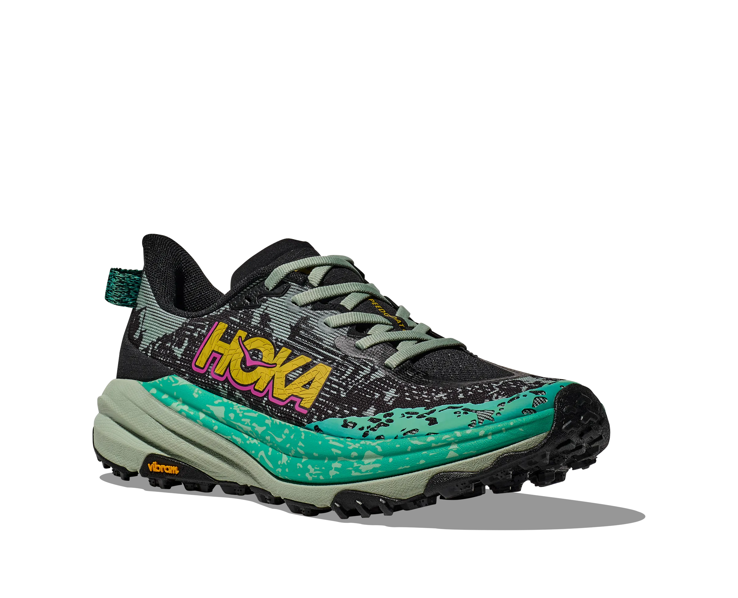 Women's Hoka Speedgoat 6 Color: Black / Aloe Vera